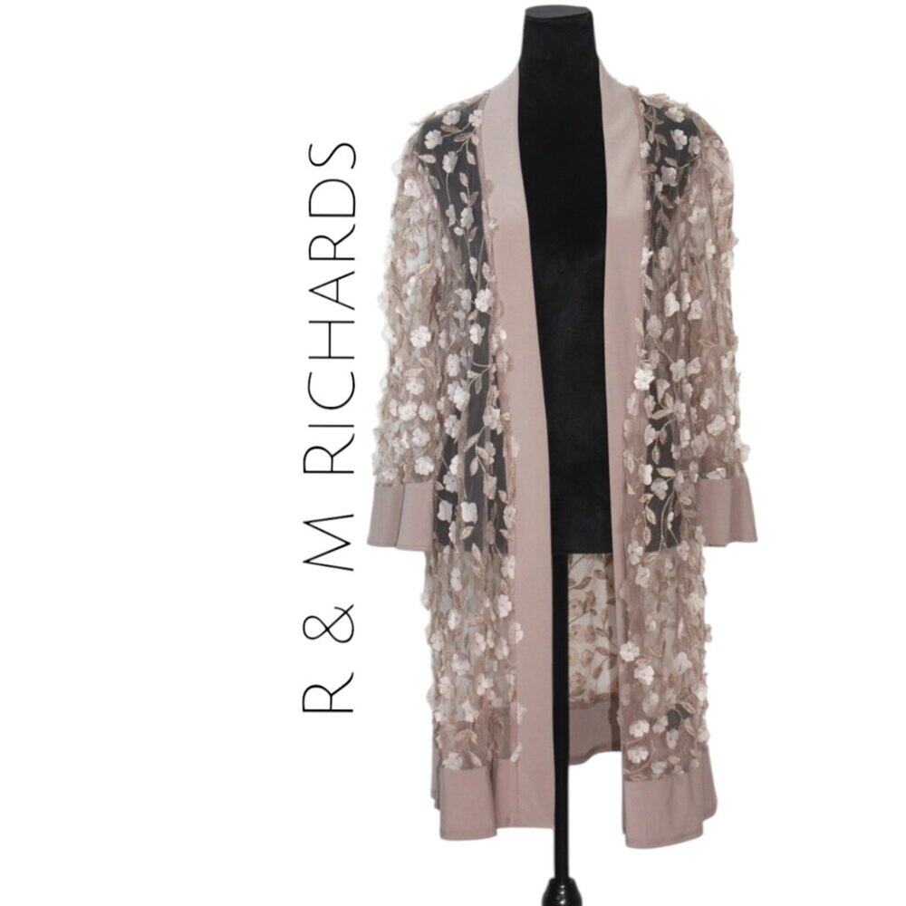 R & M Richards Sheer Open Cardigan with Floral Appliques Size 14